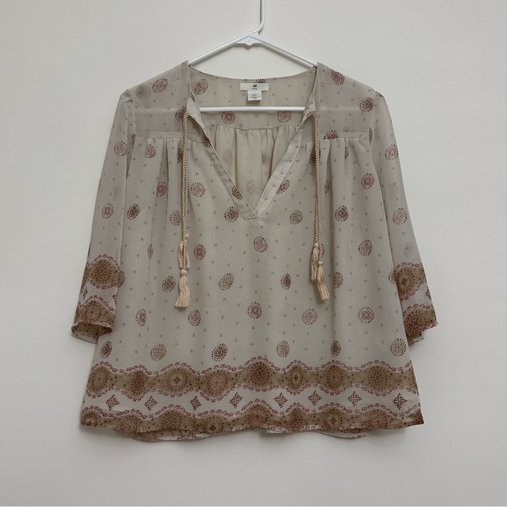 H&M Light Pink Cream and Brown Keyhole Tassels Tie Front Bohemian Print Blouse